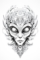 Alien portrait. Pencil drawing in style of doodle art. Outline sketch. White background. Ai Generative