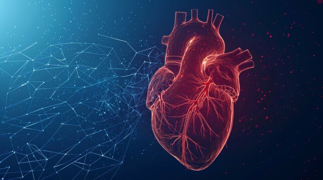 The abstract 3d  illustration of the human heart is isolated on blue. The red cardio pulsation line can be used as a background to illustrate medical concepts pertaining to cardiology, medicine,