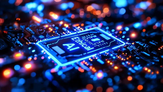 Futuristic neon-lit circuit board with Ethical AI text highlighting the importance of morality in artificial intelligence development