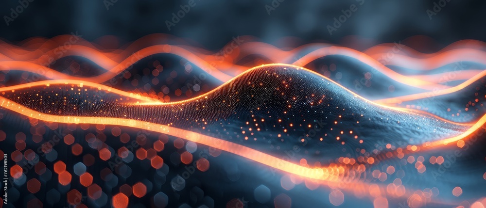Poster A wave of dots and weave lines. An abstract background. A network of connection points.