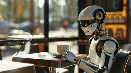 Photorealistic of a robot drinking a coffee in a mo