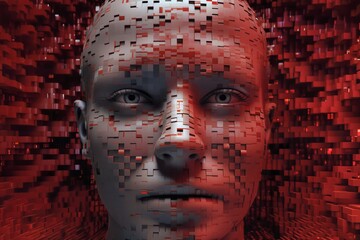 man's face with 3D cubes and particles in space as symbol of augmented reality and computer technologies of future, close-up portrait, concept of cybernetics, biomechanics and robotics