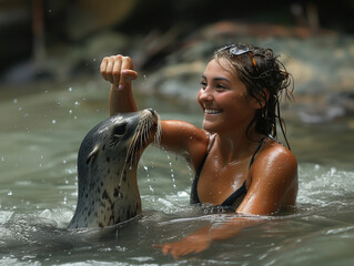 Girl swimming with sealion in pool