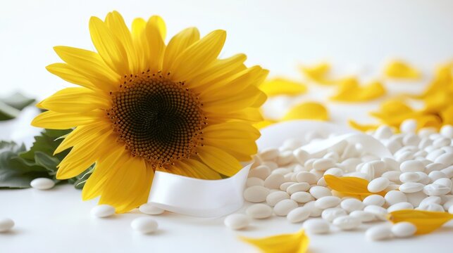 A bright yellow sunflower sitting on a pile of pills