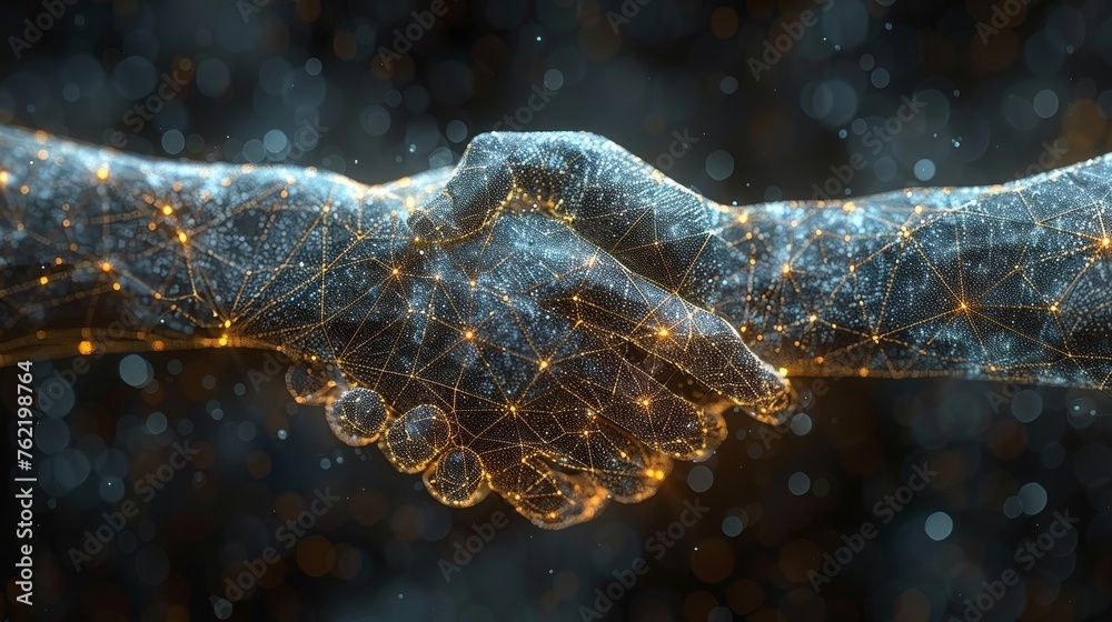 Aufkleber This is a handshake. Polygonal wireframe composition. Symbol of technology and innovation in the business world. Abstract illustration isolated on dark background.