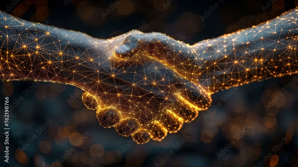 Aufkleber Hand shake, abstract illustration isolated on dark background. Low poly wireframe. Plexus lines and points in silhouette. 3D illustration of hi-tech objects.
