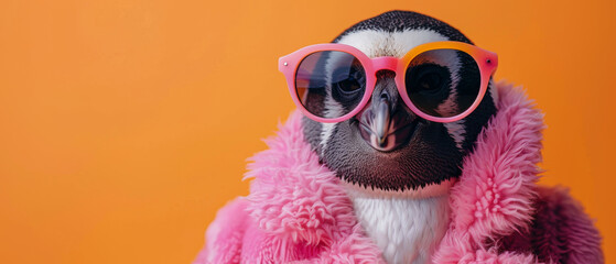A penguin wearing a pink feather boa and funky pink sunglasses presents a cool demeanor on an orange background