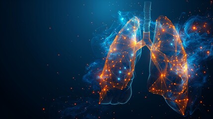 In the form of a geometric silhouette, the particles of the lung are connected by low poly wireframes. Concept of lung disease treatment. Abstract illustration on a light blue background. - obrazy, fototapety, plakaty