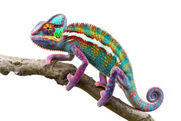 Colorful chameleon perched on wooden twig isolated on transparent background