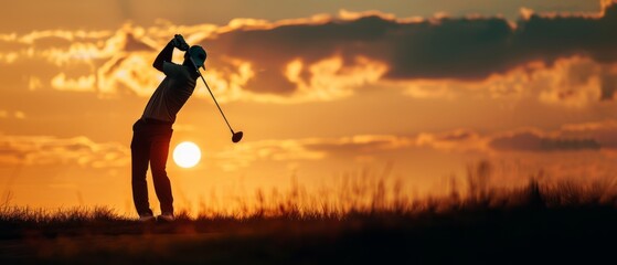 Sport golfing equipment background banner - Black sihouette of a golfer man with golf club putter and golf ball on meadow field during sunset or sunrise - obrazy, fototapety, plakaty