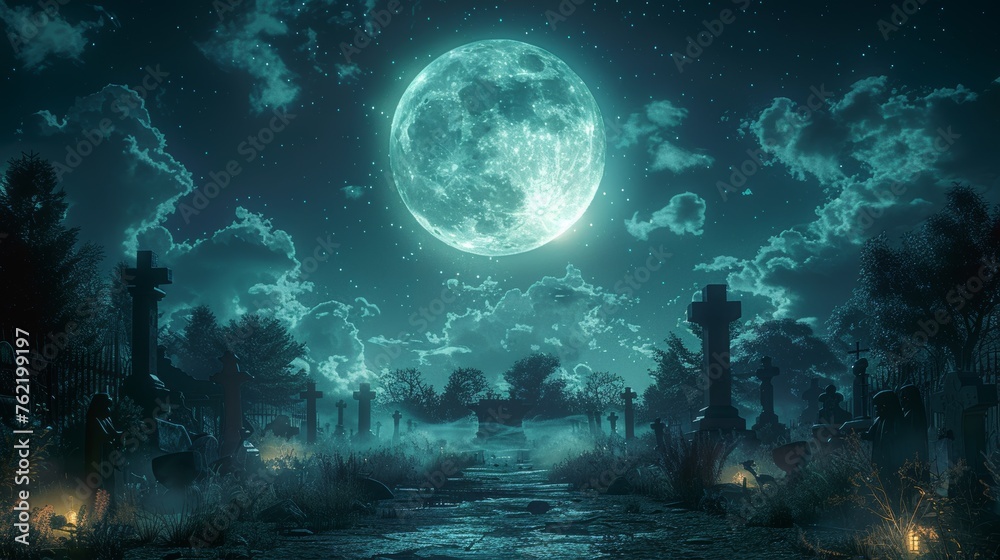 Wall mural At Night - Spooky Cemetery With Moon In Cloudy Sky And Bats - Includes a 3D illustration