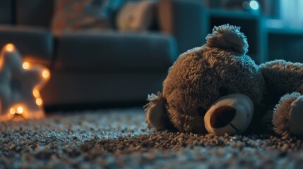 Teddy bear is laying down on carpet in cinematic tone, Dramatic shot of Lonely teddy bear laying down alone in living room at night ,lonely concept, international missing children's day.
