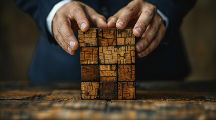 A businessman separates a wooden block. Property division. Divorce and legal services. - obrazy, fototapety, plakaty