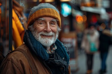 Obraz premium Elderly man smiling at camera. A close-up portrait of an elderly, man with a warm smile, wearing fashionable clothes.