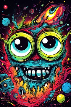 Alien creature in outer space. Doodle drawing in style of pop art. Ai Generative