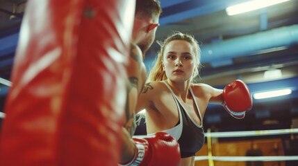Fototapeta na wymiar Pretty young woman trains in boxing ring with partner near red punching bag and other sparring equipment