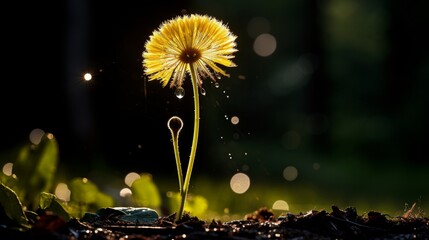 Delicate dandelion with raindrop reflecting sunlight rays, nature s interplay of rain and sunshine - Powered by Adobe