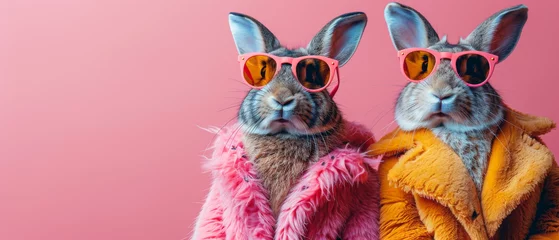 Fotobehang Cute rabbits in orange sunglasses and fluffy coats, standing against a soft pink background exuding charm © Daniel
