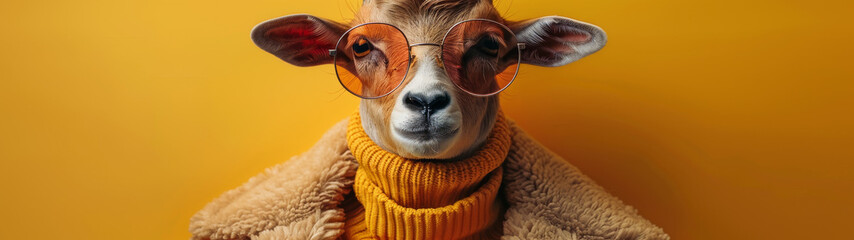A whimsically dressed goat in a cozy yellow sweater and round spectacles against a simple yellow backdrop, oozing intellect and warmth - obrazy, fototapety, plakaty