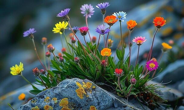 close-up shot of a group of small wildflowers blooming colourfully on a rocky part