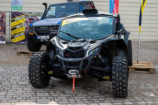 Can-Am Maverick X3 Turbo 4x4 quad premiere at a motor show, 2023 model, front view