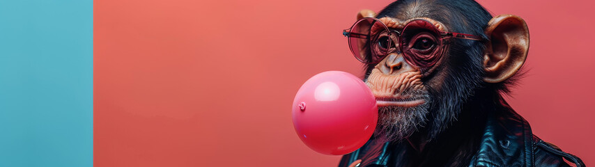A chimpanzee in a leather jacket blows a large pink bubble gum against a dual-tone background symbolizing youth and rebellion - obrazy, fototapety, plakaty