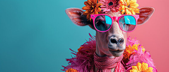 A quirky image of a cow with trendy sunglasses adorned with blooming flowers, projecting coolness and humor