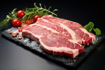 Fototapeta premium Fresh Plate raw pork. Cutlet red. Generate Ai
