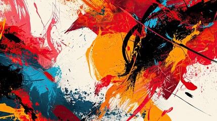 abstract colored background with grunge brush strokes and paint splashes. Abstract elements representing opposing forces colliding with intense friction. Vibrant, clashing colors and jagged shapes.