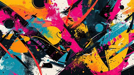 abstract colored background with grunge brush strokes and paint splashes. Abstract elements representing opposing forces colliding with intense friction. Vibrant, clashing colors and jagged shapes.