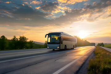 Reisebus auf der Autobahn: Komfortable Busreise mit Blick auf die Straße - obrazy, fototapety, plakaty