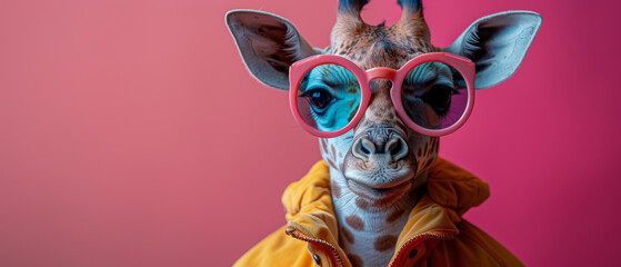 A giraffe posing with attitude in pink-rimmed sunglasses and a yellow jacket against a cool-toned background - obrazy, fototapety, plakaty
