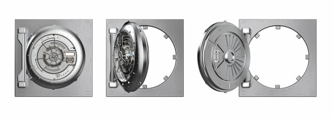 Group of metallic bank vault doors isolated on white