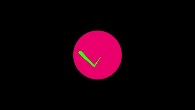  Abstract check mark lime green color, magenta circle animation. Black background tik mark 4k video.