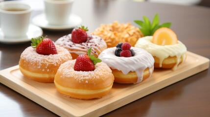 Freshly baked donuts with colorful fruit toppings on wooden board in modern cafe setting.