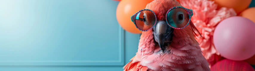 A quirky Scarlet Macaw wearing whimsical round glasses with party balloons behind, creating a fun lively image - obrazy, fototapety, plakaty