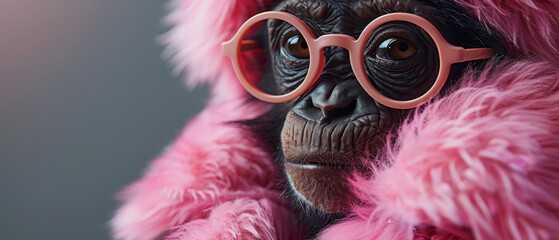 An intriguing portrait of a chimpanzee dressed in a pink faux fur coat and oversized glasses, evoking a sense of sophistication and surrealism