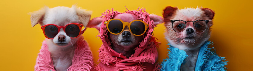 A comical and adorable image of two small dogs in colorful wigs and sunglasses against a yellow background