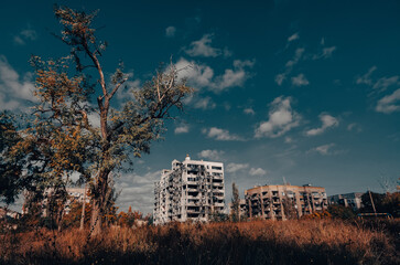 destroyed and burned houses in the city during the war in Ukraine
