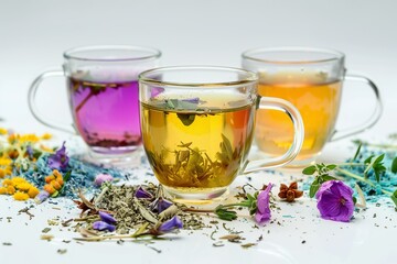 Herbal tea blends in transparent glass, wellness focused, soft pastels