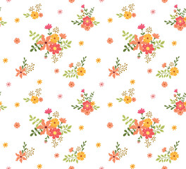 Vector seamless pattern with flowers compositions and leaves. Cute summer background in flat style	
