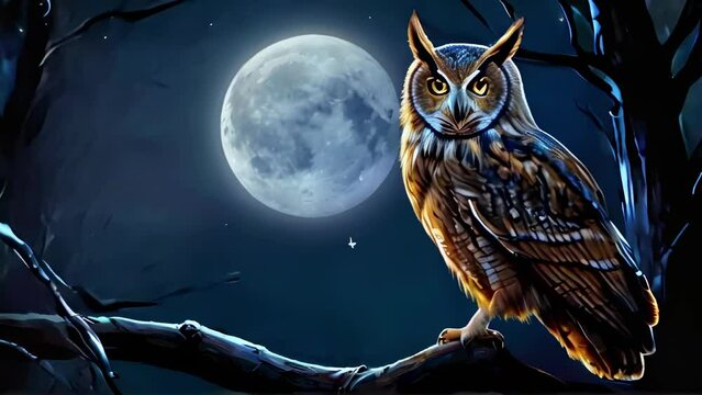 Enigmatic owl on a gnarled branch under the moon’s glow. A witch’s familiar. Nighttime Halloween setting. Concept of sorcery, magic, mystical companions, and Halloween night. Motion