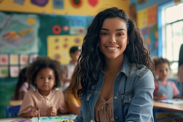 Portrait of a young biracial woman teaching kids to paint in classroom at school.