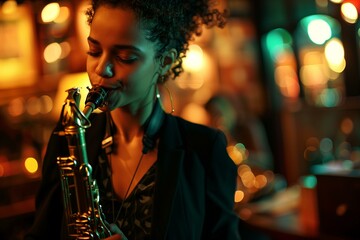 Biracial woman playing the saxophone in a jazz bar with blurry background and lights. - obrazy, fototapety, plakaty