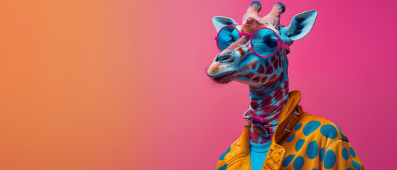 A quirky giraffe dressed in a fashionable jacket and sunglasses poses against a candy-colored background