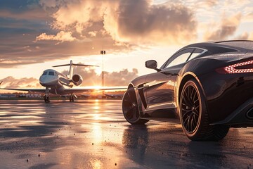 Luxury car on the tarmac with a private jet in the distance. - obrazy, fototapety, plakaty