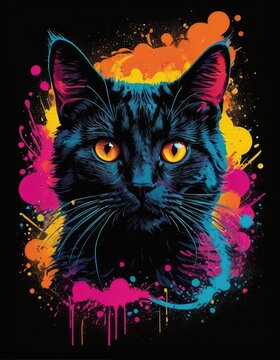 Whiskers in the Moonlight: Vibrant Kitty Illustration for T-Shirt Design
