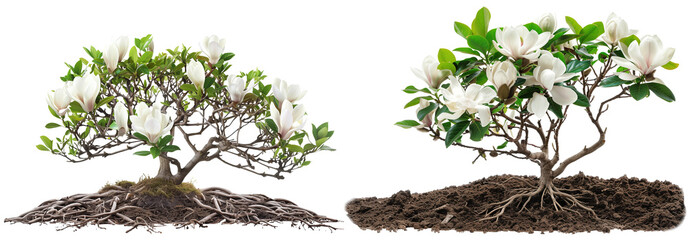 Magnolia tree with roots isolated on transparent background