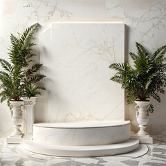 Product Display Background, roman luxury Greek white ancient columns, ancient Greece scene with plants, cosmetic Rome, podium platform, product presentation space, showcase podium