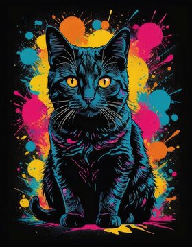 Lunar Guardian: Colorful Cat and Crescent Moon Design for T-Shirt Design